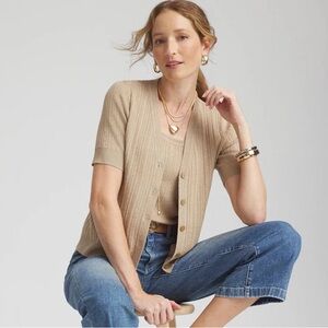 CHICO’S NWT 3 / XL Rib Stitch Cardigan in Sycamore • Metallic Tan Button Sweater